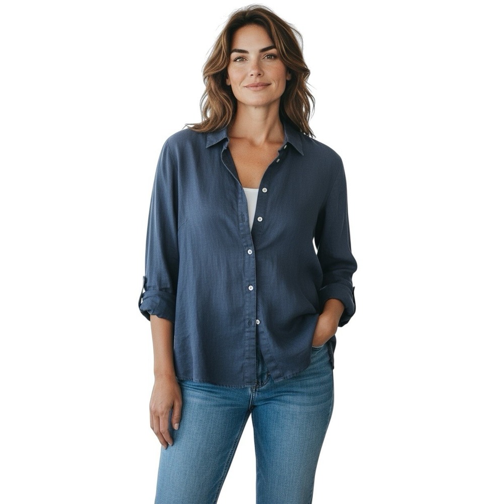 Kate Hill Woman 2X Navy Blue 100% Linen Button Down‎ Long Sleeve Shirt Blouse